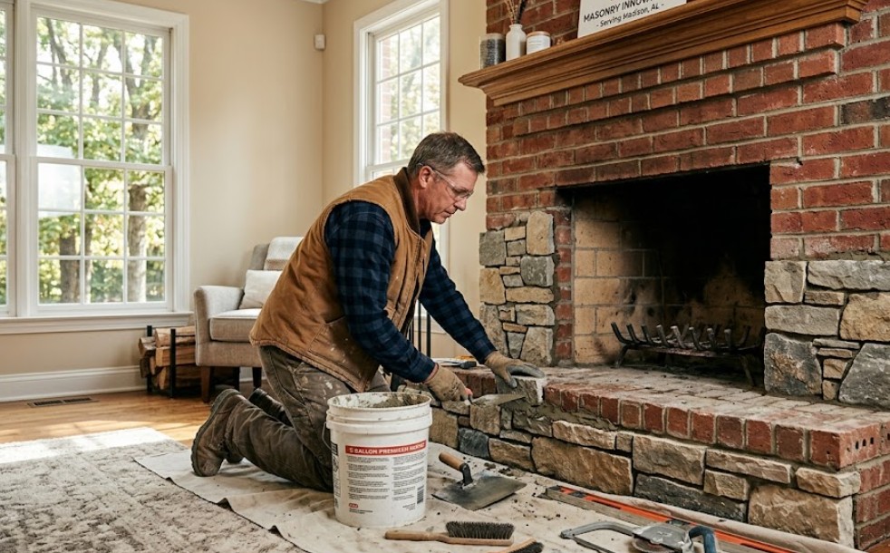 Professional masonry expert performing fireplace changes by installing natural stone over an existing brick hearth in Madison, Alabama