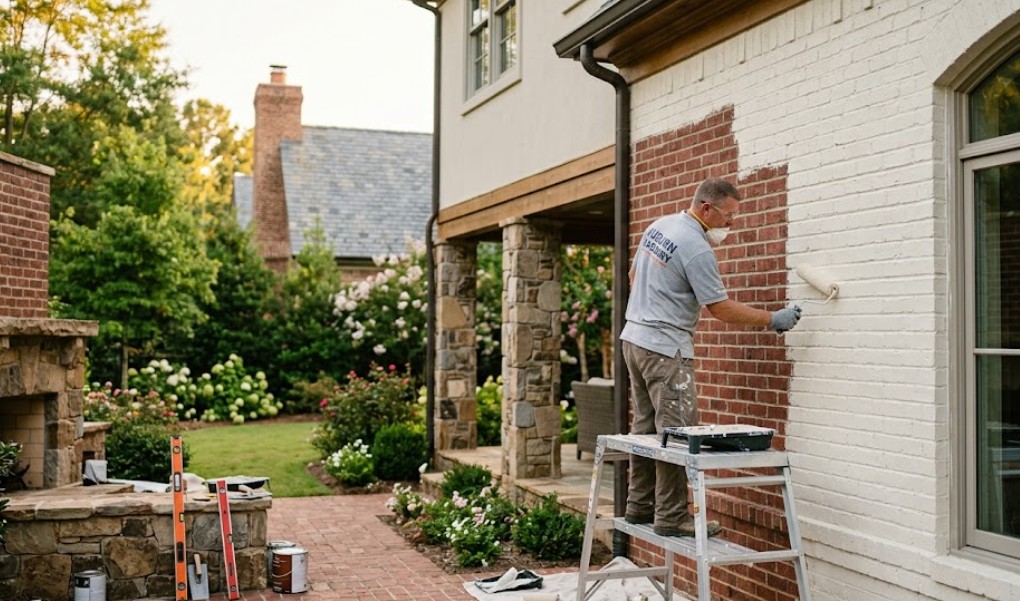 A skilled professional mason, wearing an 'AUBURN MASONRY' branded polo shirt and safety gear, applies a breathable, off-white masonry paint to a large red brick wall section of a modern Southern home during golden hour, surrounded by tools and a lush background, showcasing dedicated painted brick craftsmanship.