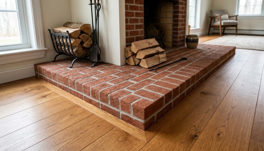 A newly laid red brick hearth extending out onto a hardwood floor, featuring clean mortar joints and a protective matte sealer finish.