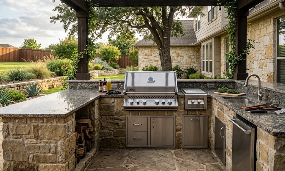 A durable stone outdoor kitchen with granite countertops and a professional grill, built to withstand North Texas weather.