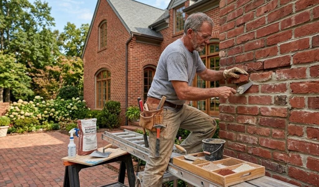 A professional mason in Huntsville performing detailed brick repair and mortar matching on a traditional red brick home.