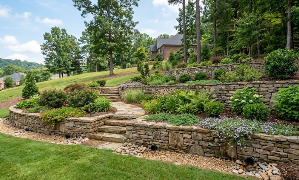 A professionally constructed multi-level natural stone retaining wall on a sloped residential property in Huntsville, Alabama, featuring integrated drainage and landscaping.