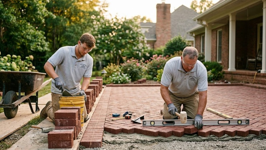 Two skilled masonry professionals, with 'NORTH ALABAMA MASONRY' branded shirts and safety gear, meticulously set textured red bricks into a herringbone pattern for a new custom patio during golden hour in a traditional Huntsville backyard. Tools and raw materials are visible, showcasing active construction.