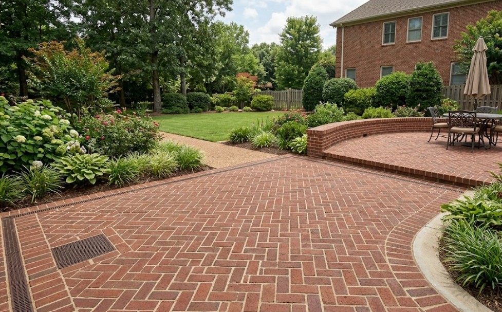 A custom-built herringbone brick patio in Madison, featuring clean masonry lines, professional drainage, and integrated landscaping