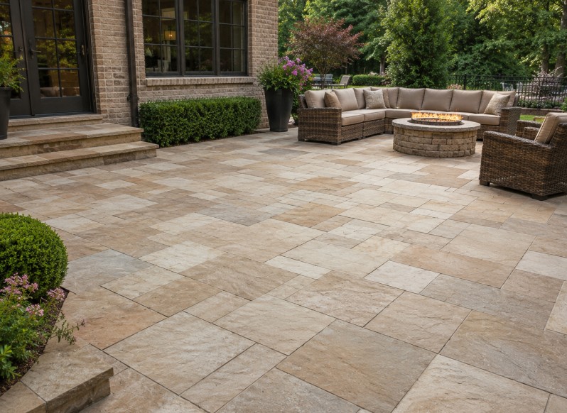 A professionally installed natural stone pavers patio featuring rich, organic tan and cream tones with perfectly leveled joints in a backyard setting.