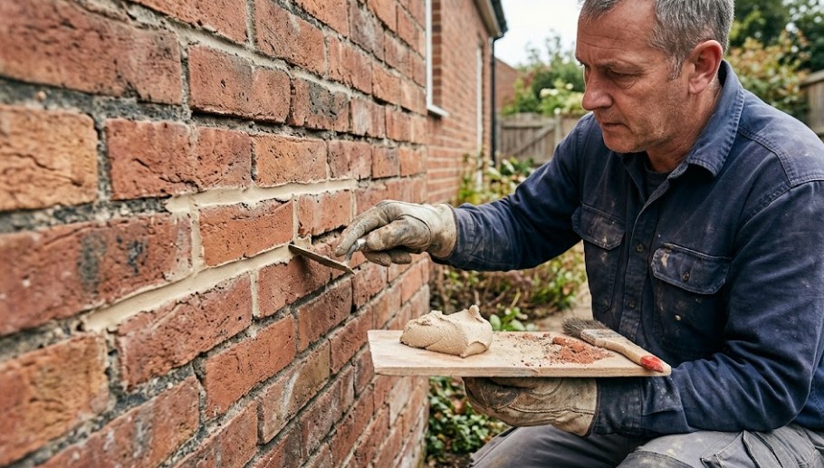 A close-up view of a mason carefully repairing mortar joints on a residential brick wall using specialized hand tools and matching mortar.