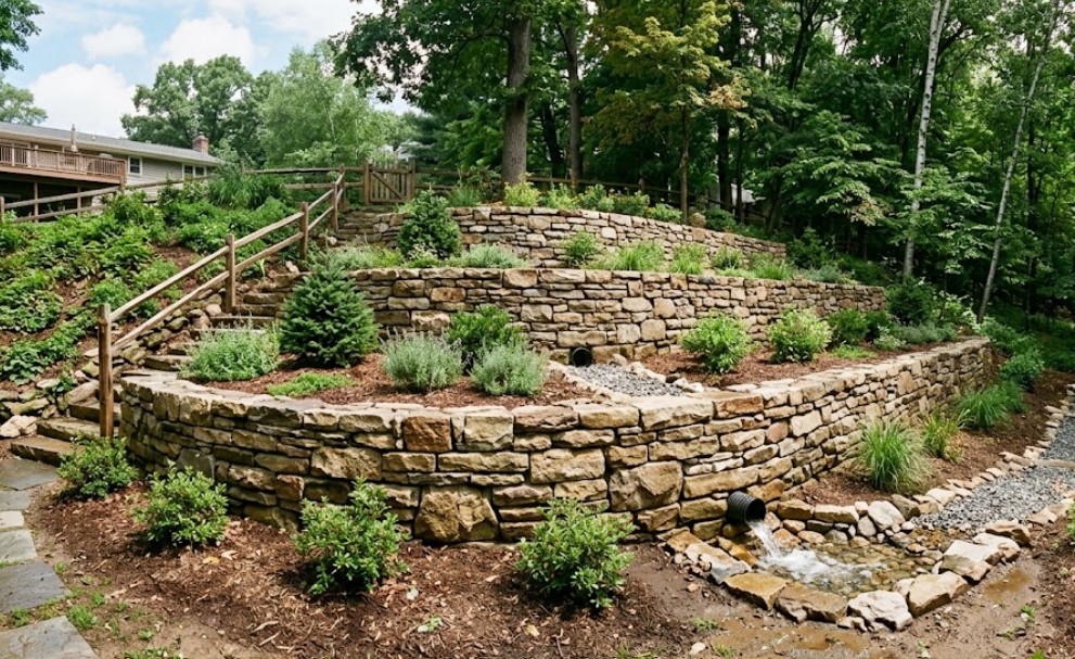 A tiered natural stone retaining wall built on a slope with professional drainage systems to prevent soil erosion.