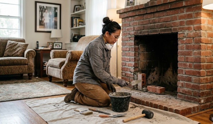 Masonry professional repairing a traditional brick hearth and firebox in a residential living room.