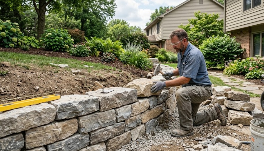 A professional stone mason building a natural limestone retaining wall in a residential yard.