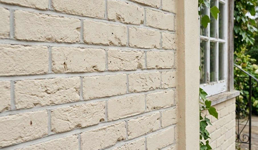 A close look at a breathable mineral silicate coating on a brick exterior wall showing clean lines and natural texture.