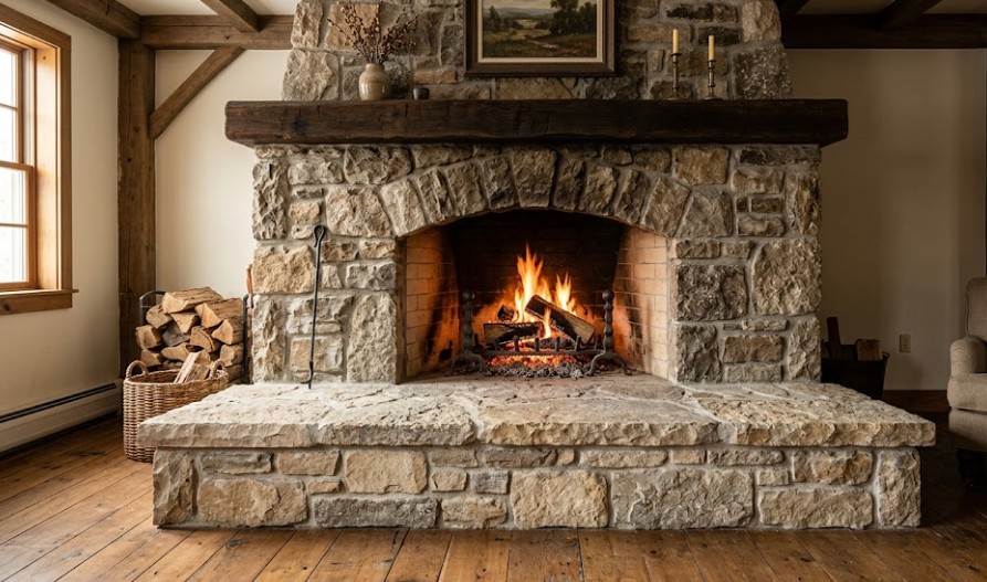 A solid natural stone hearth built with native limestone sitting level in front of a rustic fireplace.