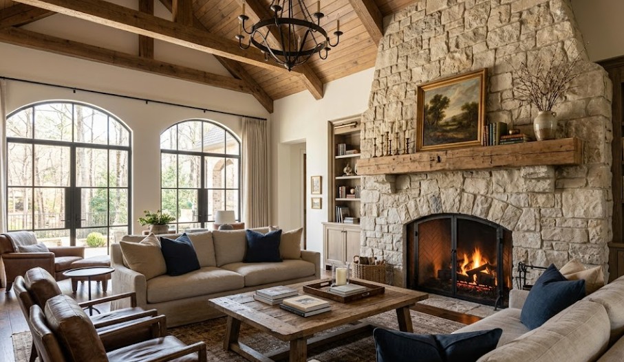 A large stone fireplace built with native Alabama limestone blocks in a luxury residential living room.